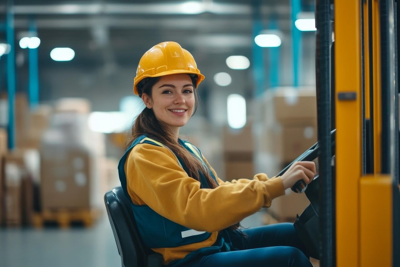 Una ragazza con un casco giallo su un transpallet